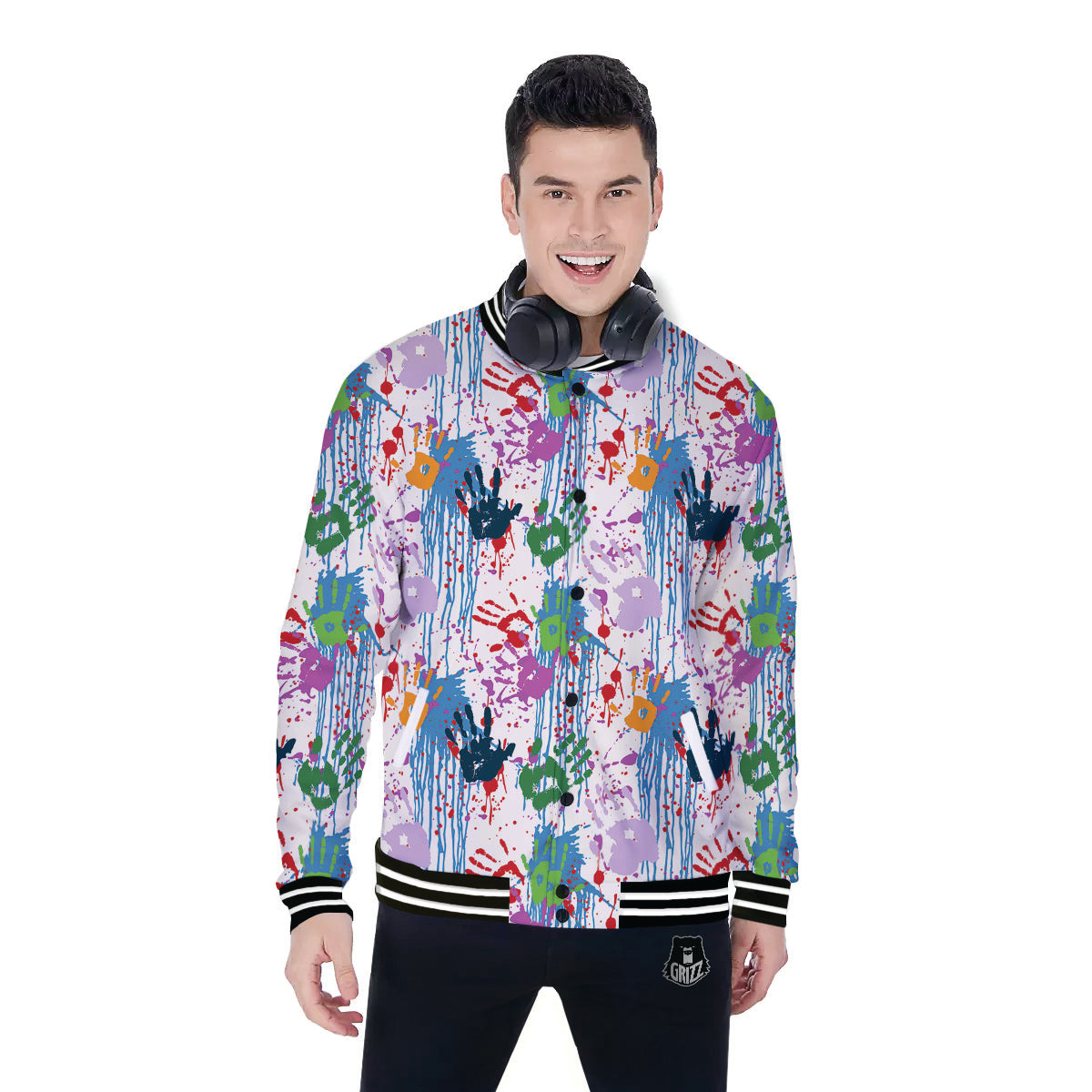 Abstract Hand Prints Colorful Print Pattern Baseball Jacket-grizzshop