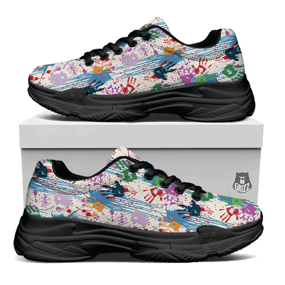 Abstract Hand Prints Colorful Print Pattern Black Chunky Shoes-grizzshop