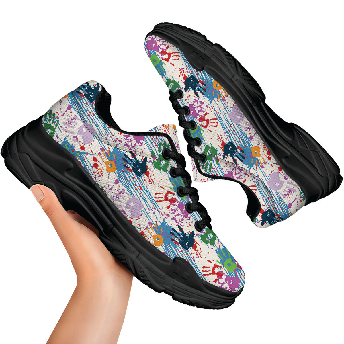 Abstract Hand Prints Colorful Print Pattern Black Chunky Shoes-grizzshop