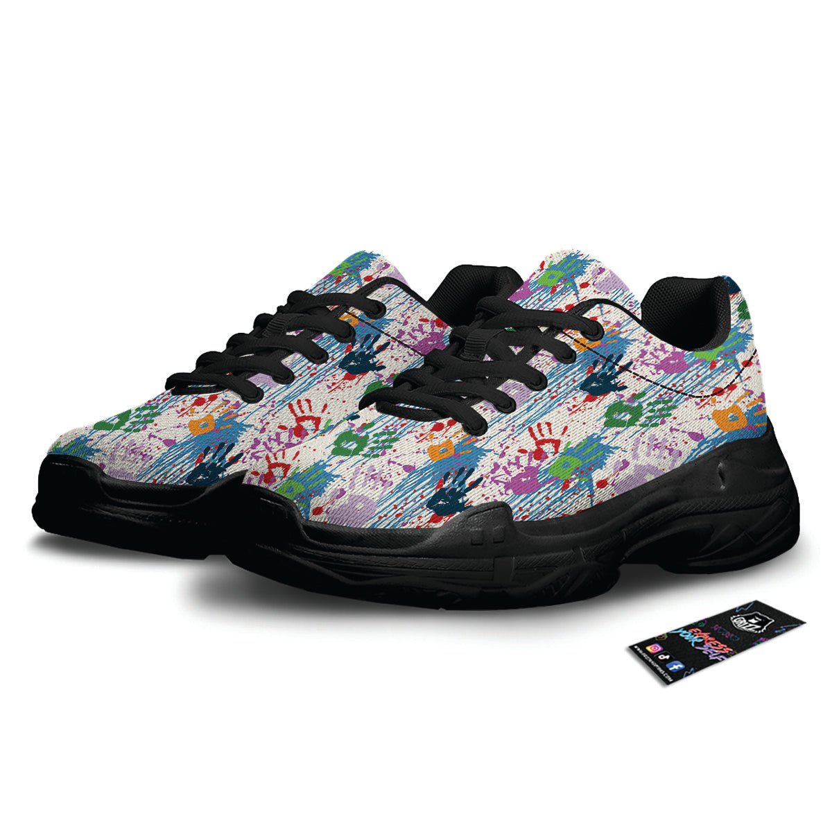 Abstract Hand Prints Colorful Print Pattern Black Chunky Shoes-grizzshop