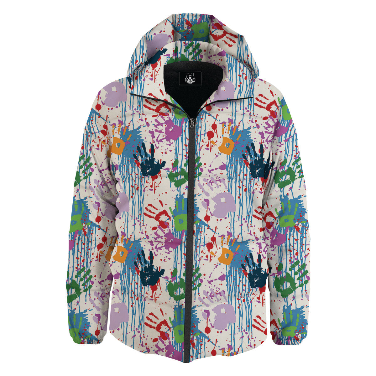Abstract Hand Prints Colorful Print Pattern Down Jacket-grizzshop