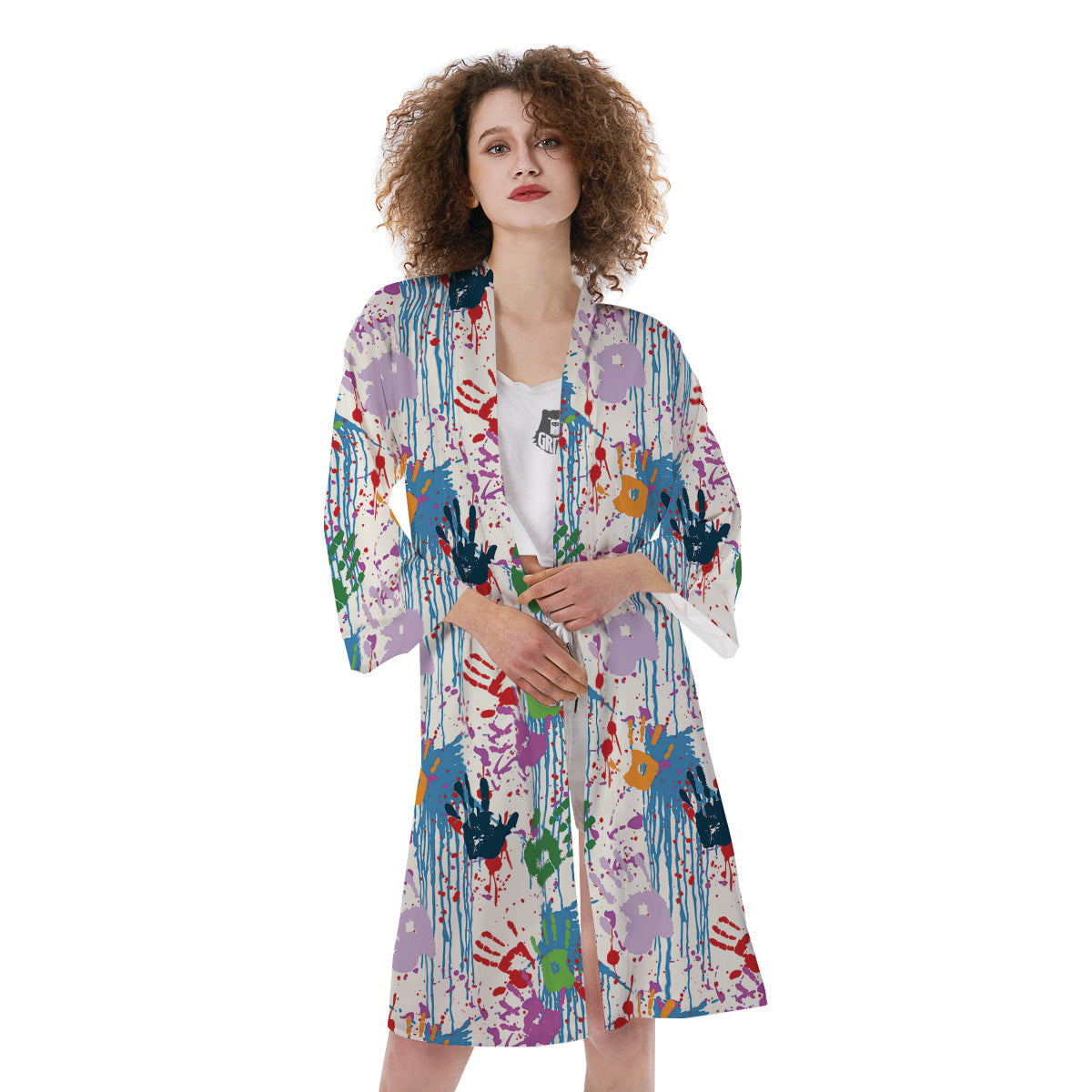 Abstract Hand Prints Colorful Print Pattern Kimono-grizzshop
