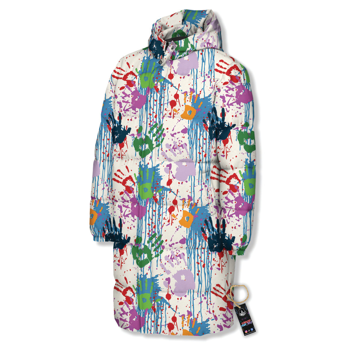 Abstract Hand Prints Colorful Print Pattern Long Down Jacket-grizzshop