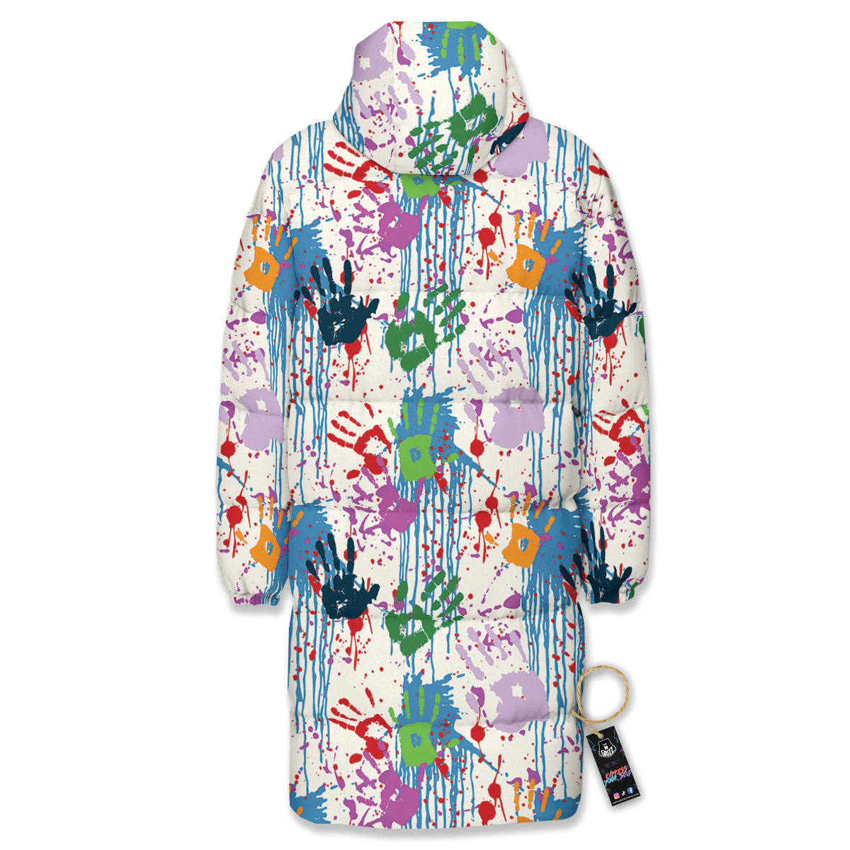 Abstract Hand Prints Colorful Print Pattern Long Down Jacket-grizzshop