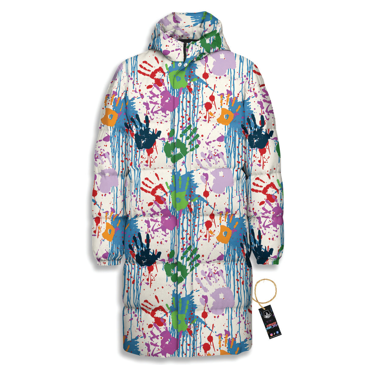 Abstract Hand Prints Colorful Print Pattern Long Down Jacket-grizzshop