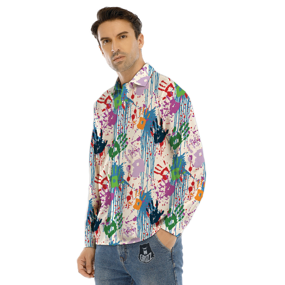 Abstract Hand Prints Colorful Print Pattern Men's Dress Shirts-grizzshop