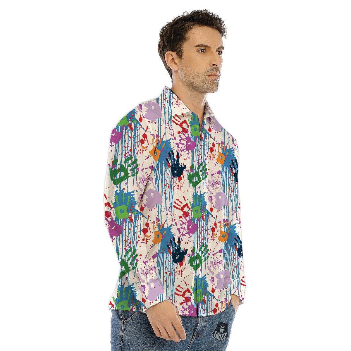 Abstract Hand Prints Colorful Print Pattern Men's Dress Shirts-grizzshop