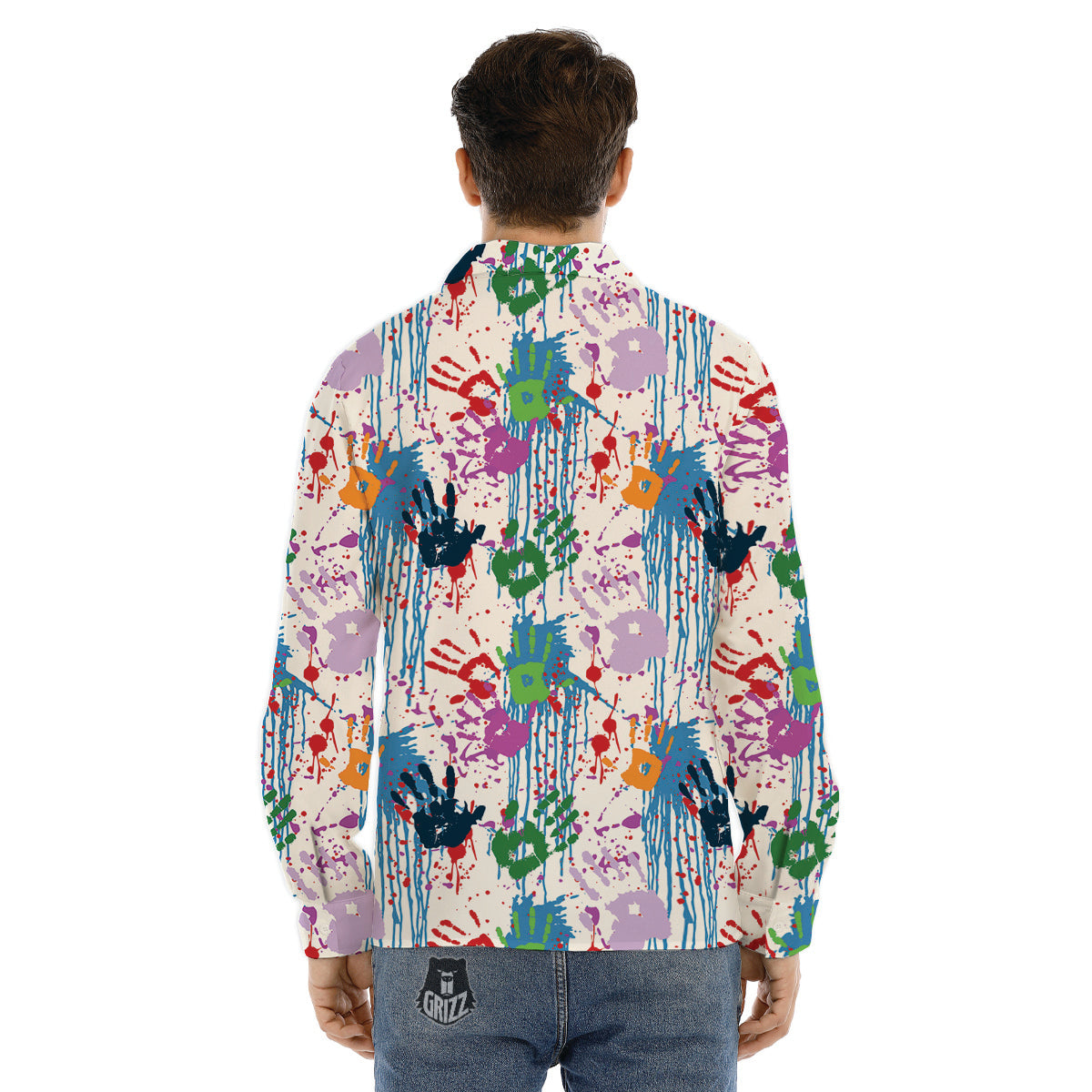 Abstract Hand Prints Colorful Print Pattern Men's Dress Shirts-grizzshop