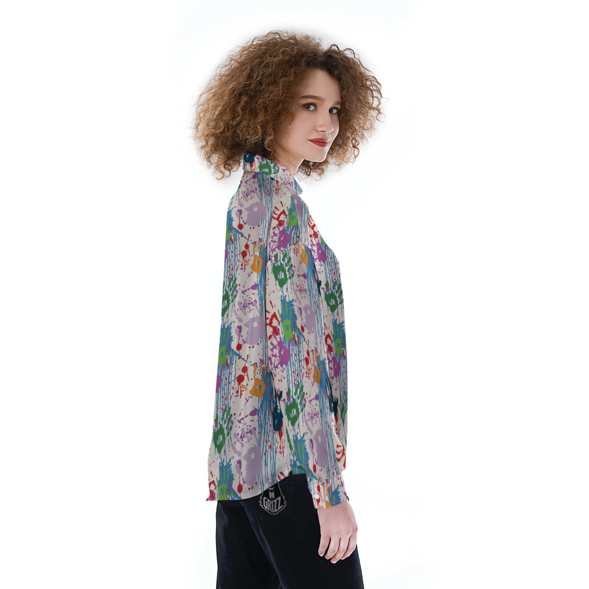 Abstract Hand Prints Colorful Print Pattern Women's Long Sleeve Shirts-grizzshop