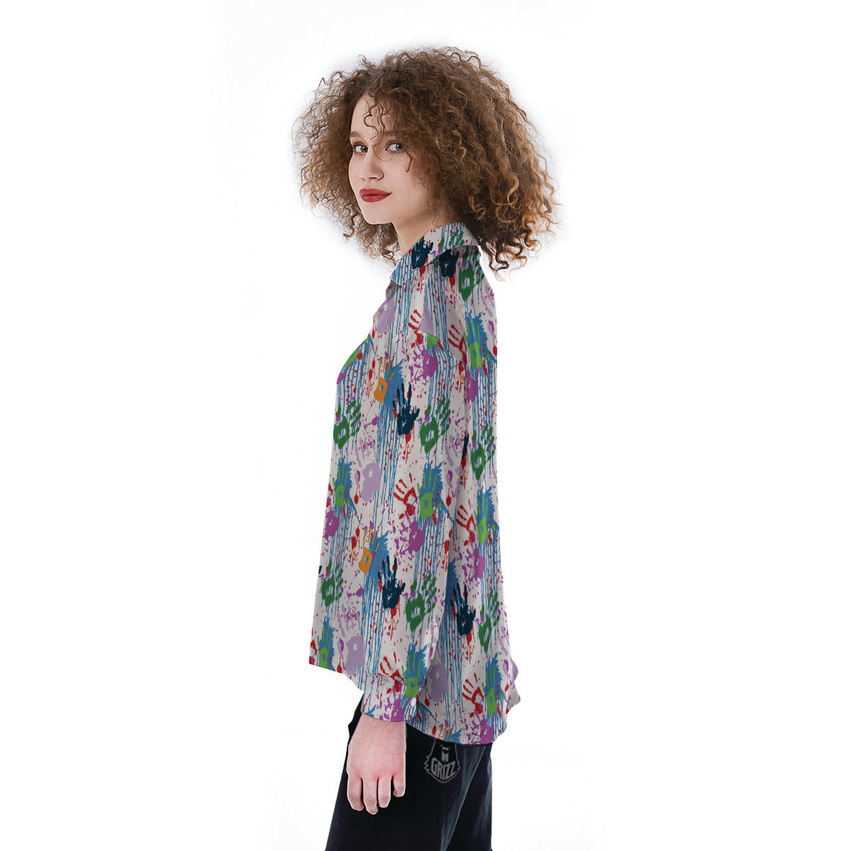 Abstract Hand Prints Colorful Print Pattern Women's Long Sleeve Shirts-grizzshop