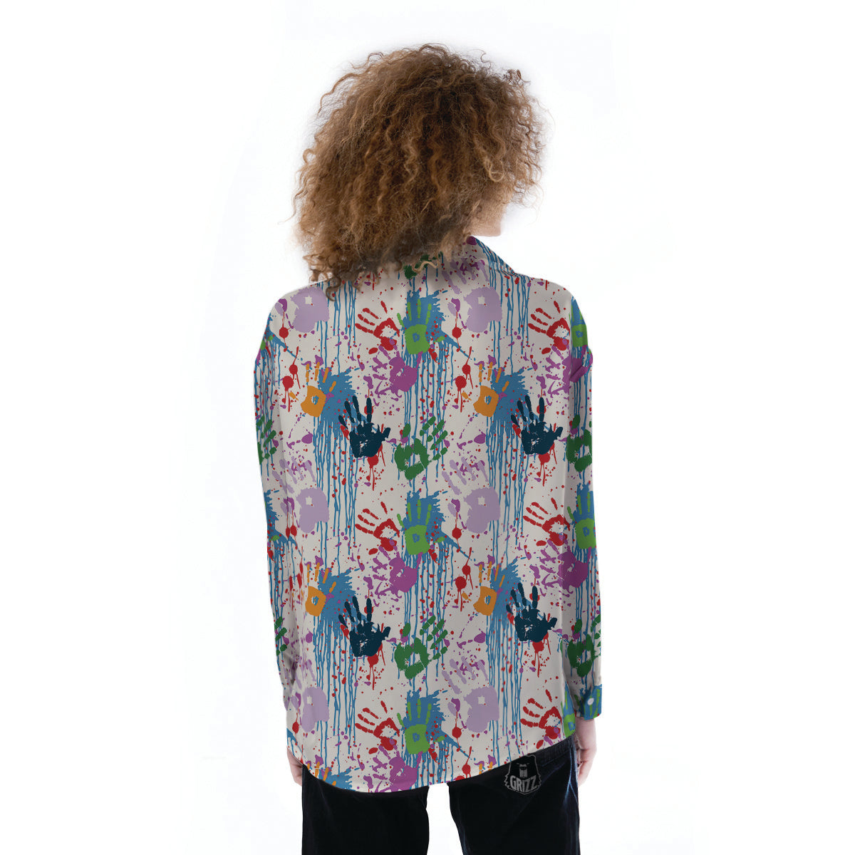 Abstract Hand Prints Colorful Print Pattern Women's Long Sleeve Shirts-grizzshop