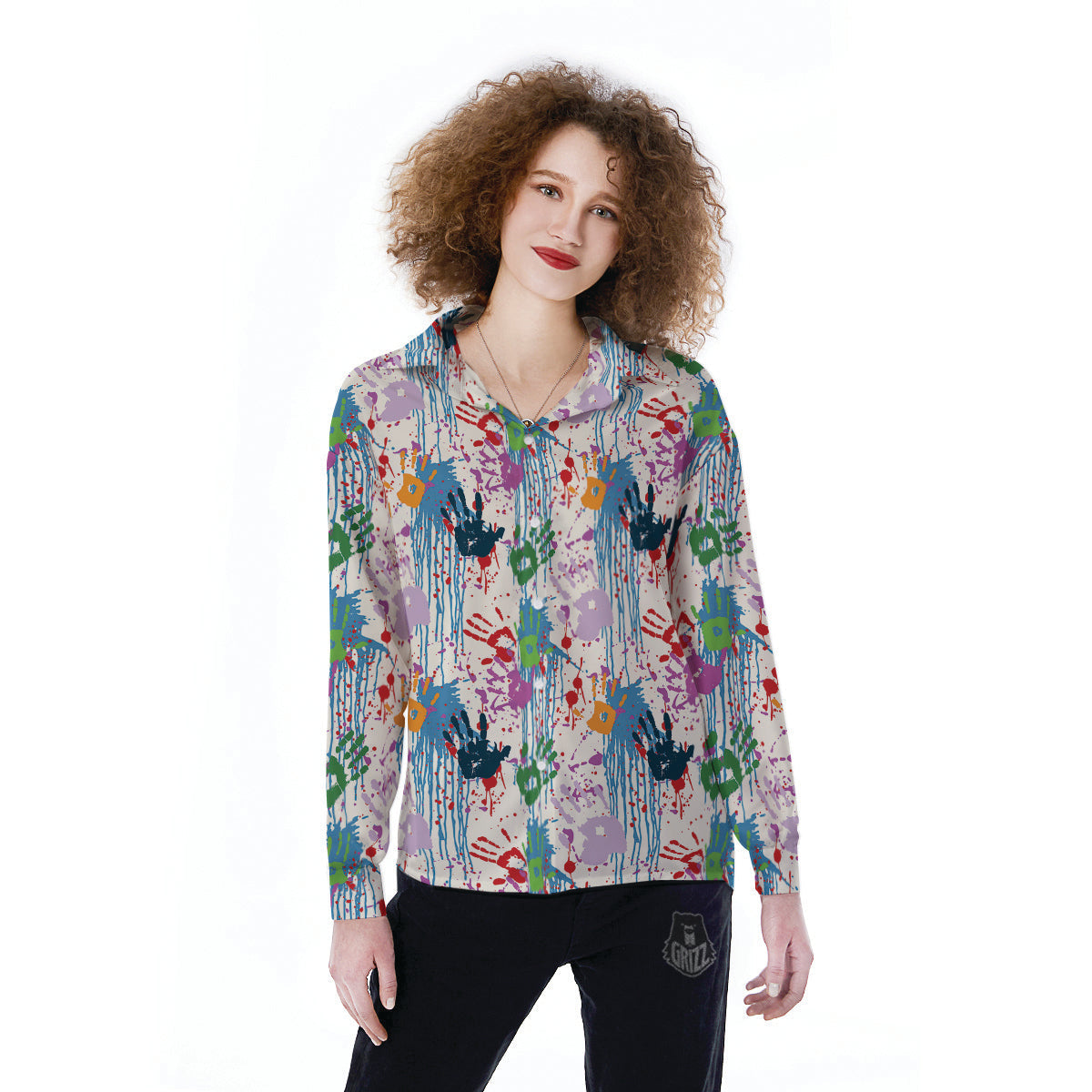 Abstract Hand Prints Colorful Print Pattern Women's Long Sleeve Shirts-grizzshop