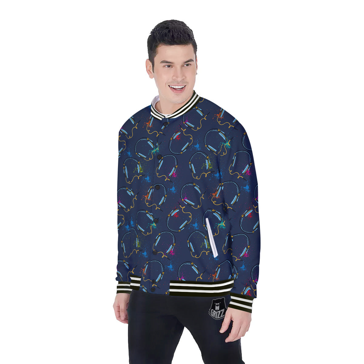 Abstract Headphone Blue Print Pattern Baseball Jacket-grizzshop