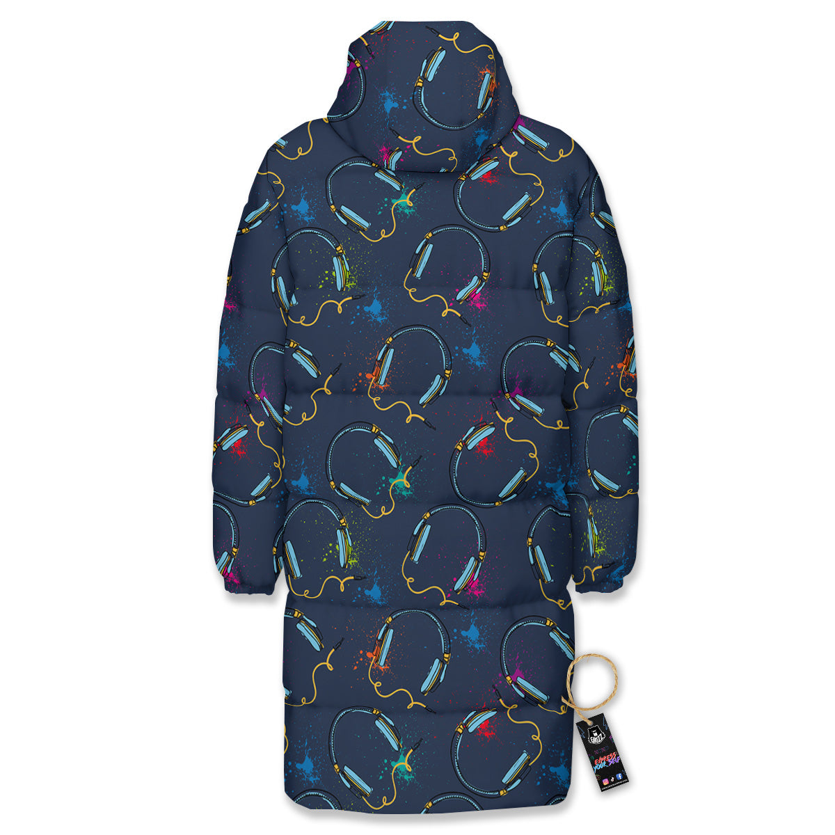 Abstract Headphone Blue Print Pattern Long Down Jacket-grizzshop