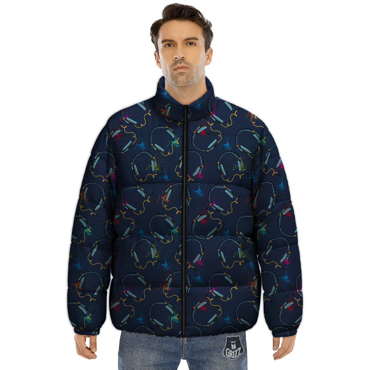 Abstract Headphone Blue Print Pattern Puffer Jacket-grizzshop