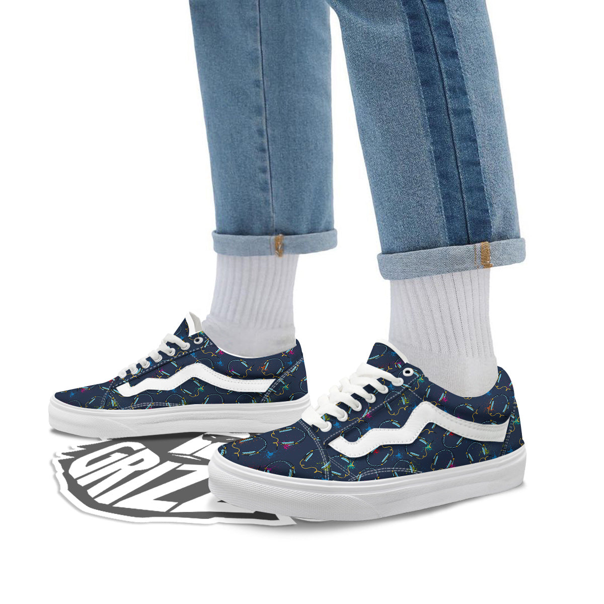 Abstract Headphone Blue Print Pattern Skate Shoes-grizzshop