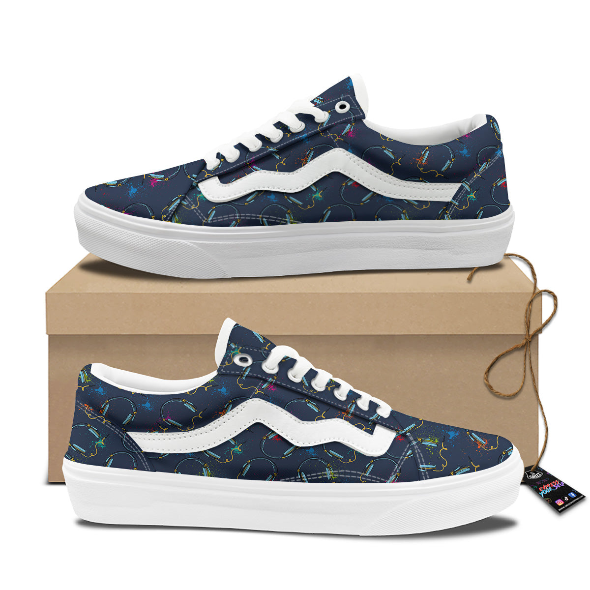 Abstract Headphone Blue Print Pattern Skate Shoes-grizzshop