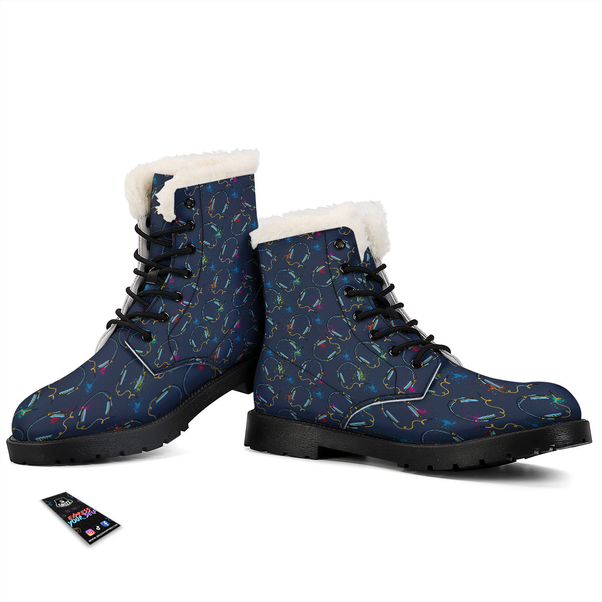 Abstract Headphone Blue Print Pattern Winter Boots-grizzshop