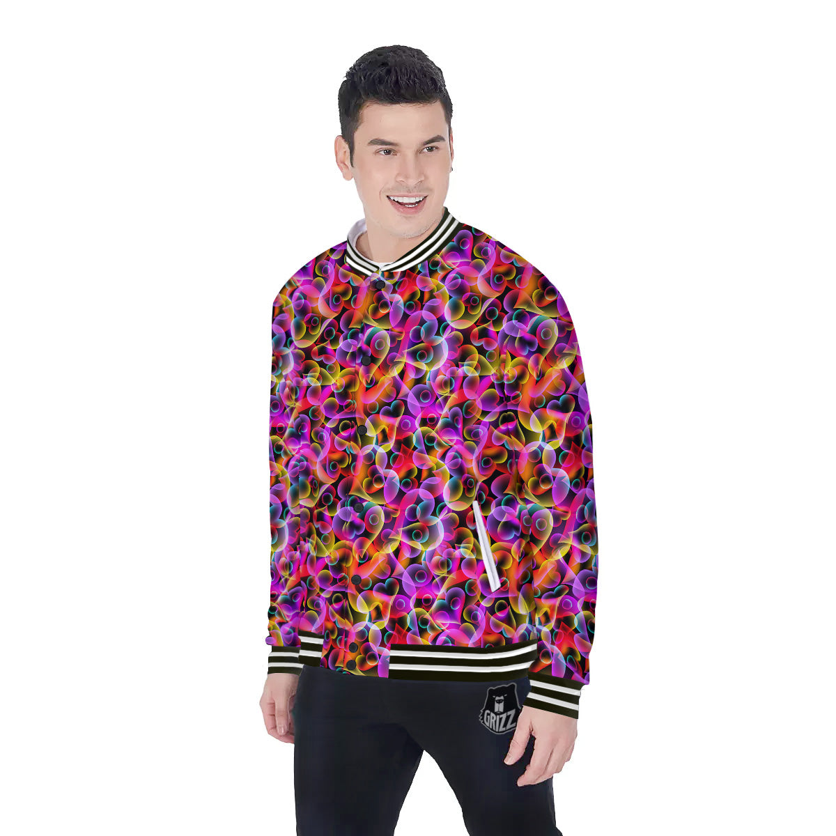 Abstract Hearts Neon Print Pattern Baseball Jacket-grizzshop