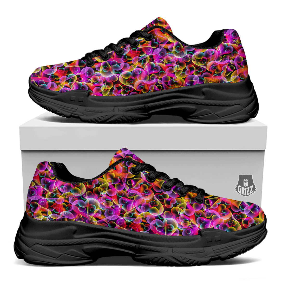 Abstract Hearts Neon Print Pattern Black Chunky Shoes-grizzshop