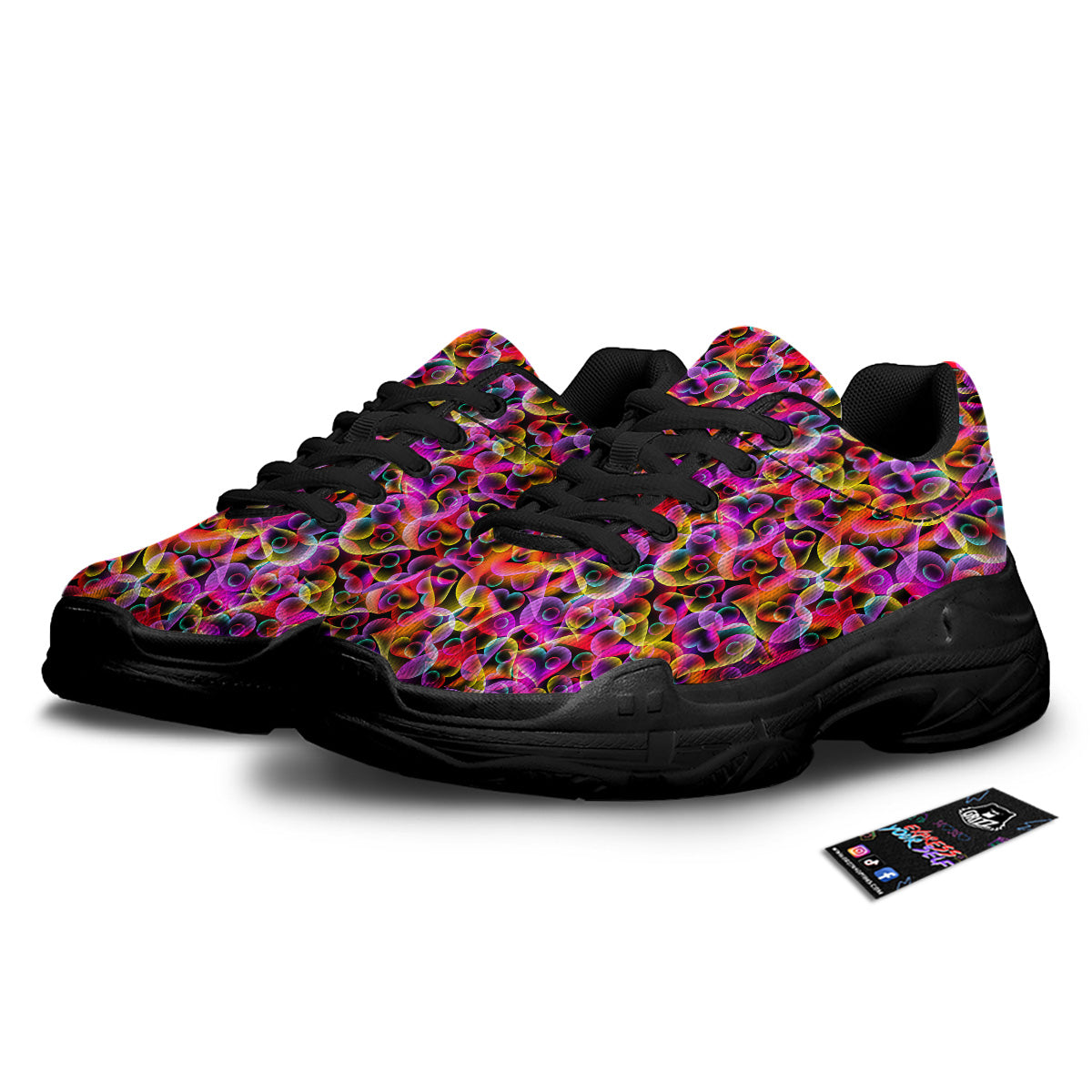Abstract Hearts Neon Print Pattern Black Chunky Shoes-grizzshop