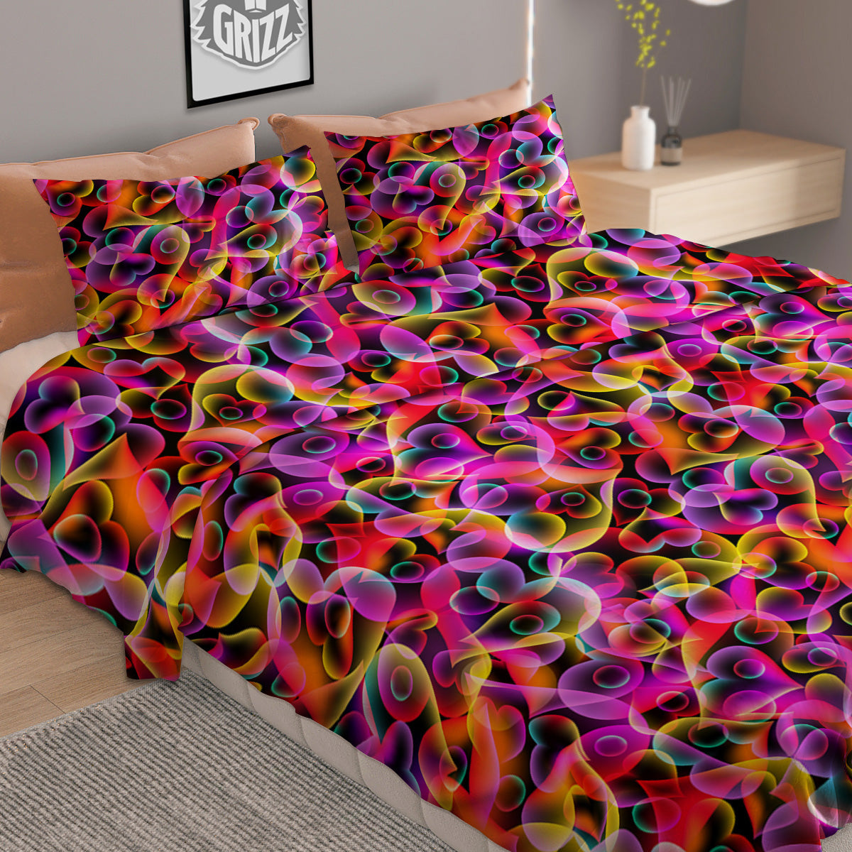 Abstract Hearts Neon Print Pattern Duvet Cover Bedding Set