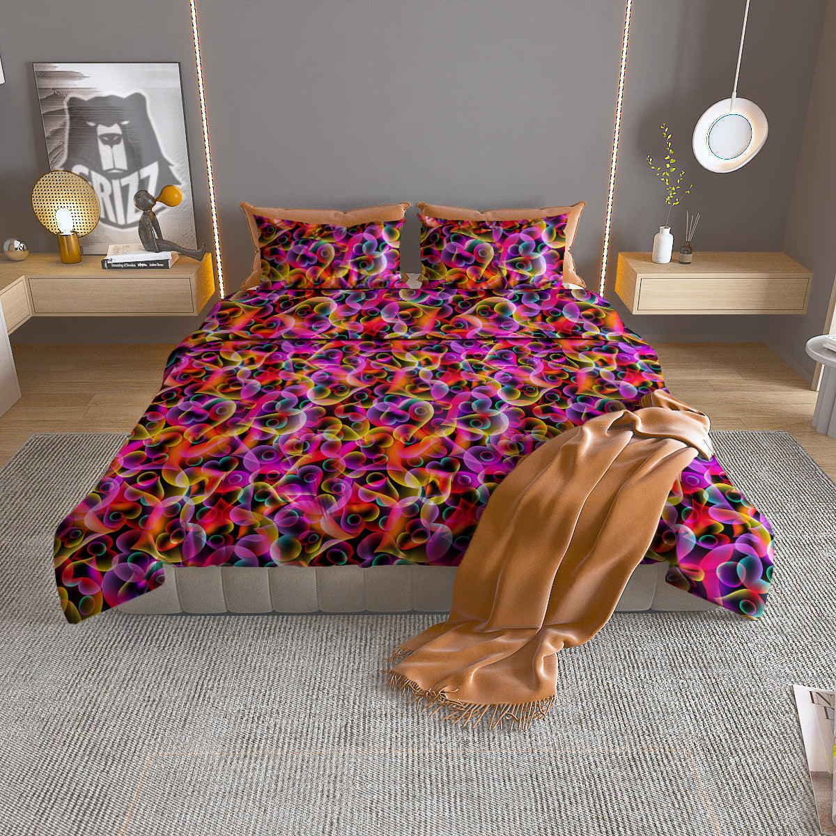 Abstract Hearts Neon Print Pattern Duvet Cover Bedding Set