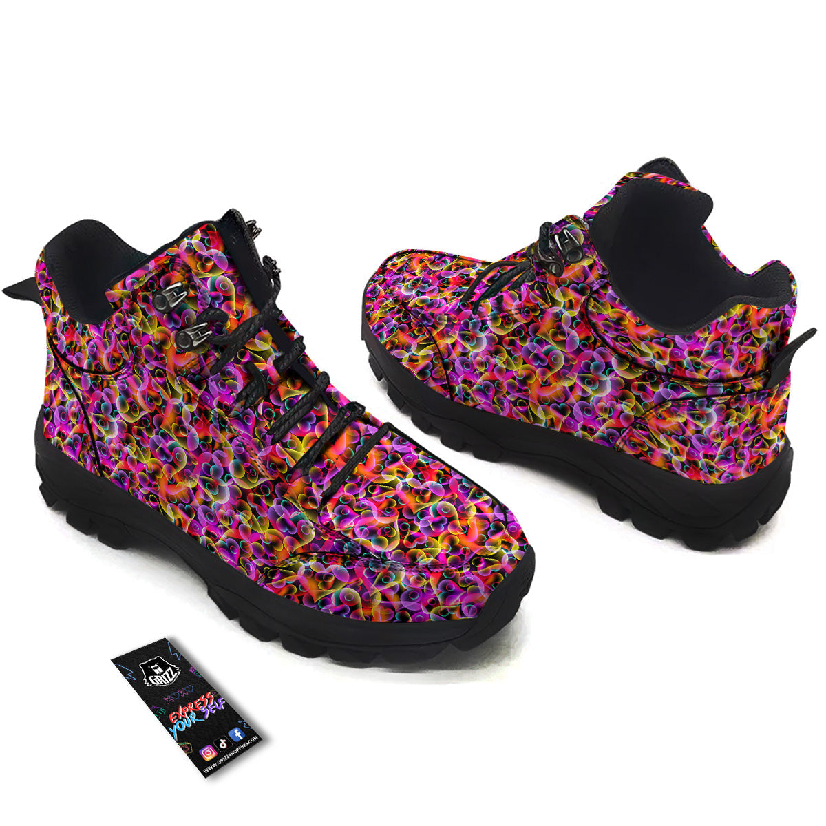 Abstract Hearts Neon Print Pattern Hiking Shoes-grizzshop