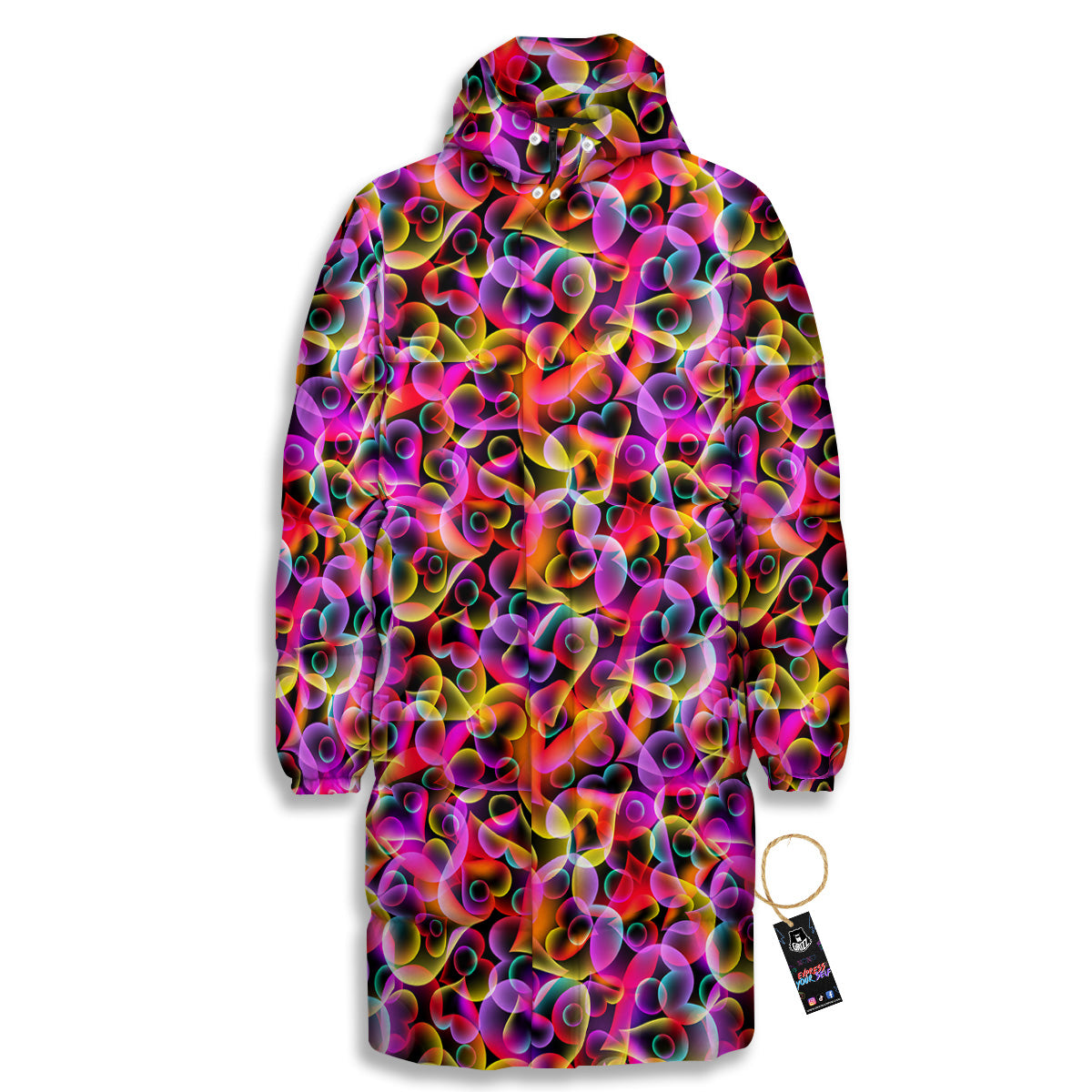 Abstract Hearts Neon Print Pattern Long Down Jacket-grizzshop