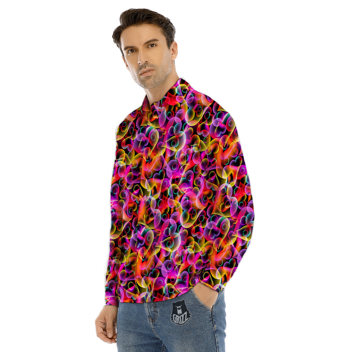 Abstract Hearts Neon Print Pattern Men's Dress Shirts-grizzshop