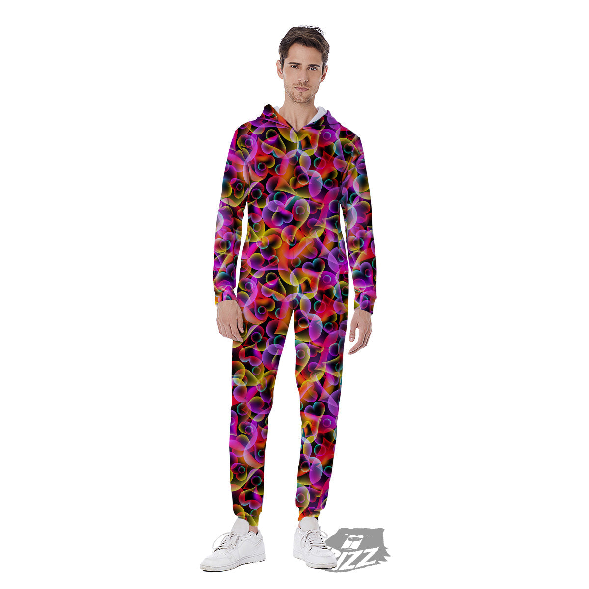 Abstract Hearts Neon Print Pattern Men's Jumpsuit-grizzshop