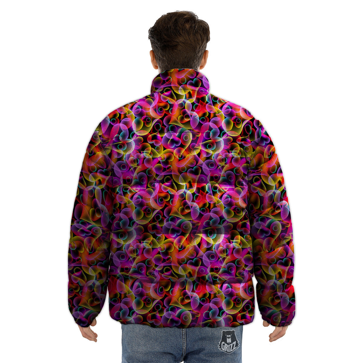 Abstract Hearts Neon Print Pattern Puffer Jacket-grizzshop