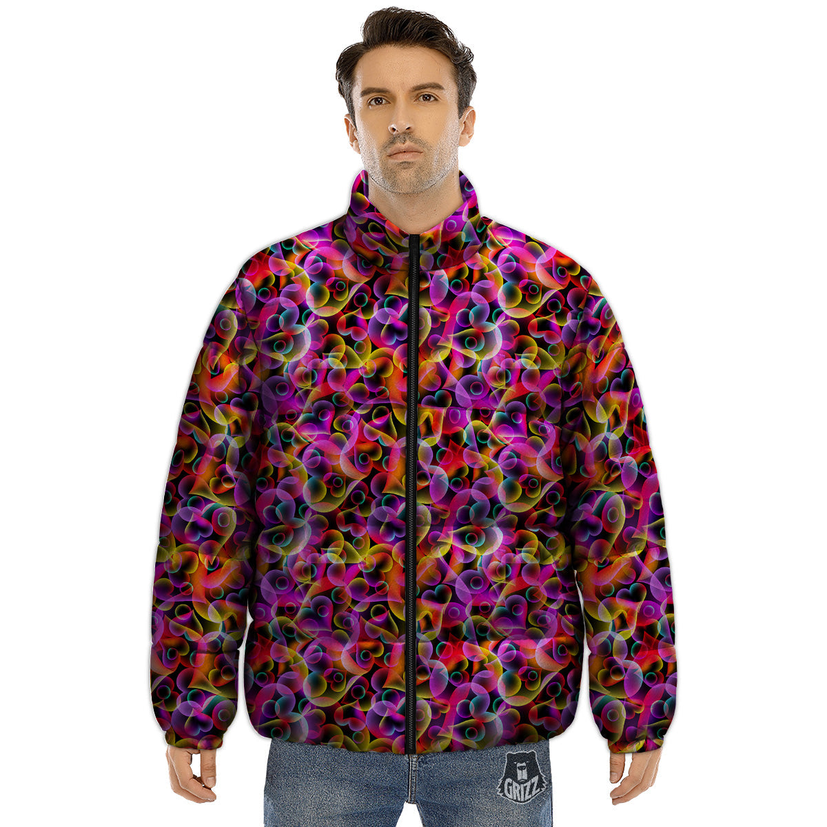 Abstract Hearts Neon Print Pattern Puffer Jacket-grizzshop