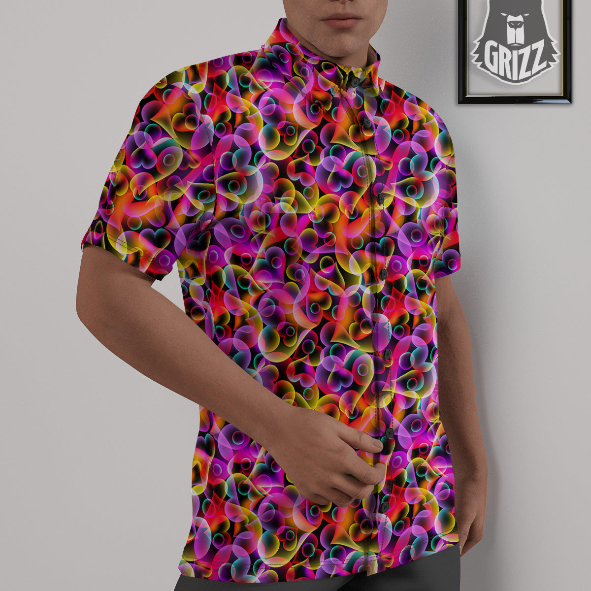 Abstract Hearts Neon Print Pattern Untucked Shirts-grizzshop