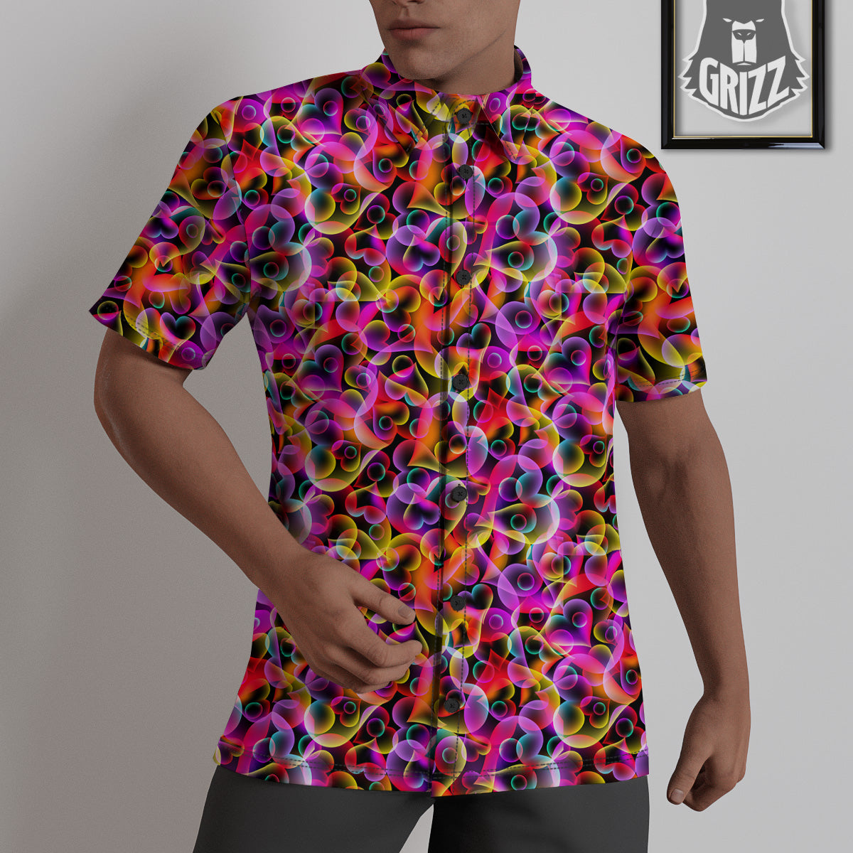 Abstract Hearts Neon Print Pattern Untucked Shirts-grizzshop