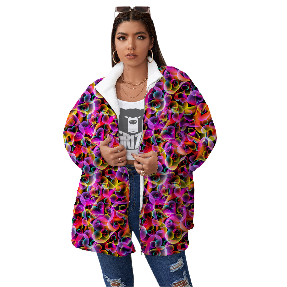 Abstract Hearts Neon Print Pattern Women's Sherpa Jacket-grizzshop