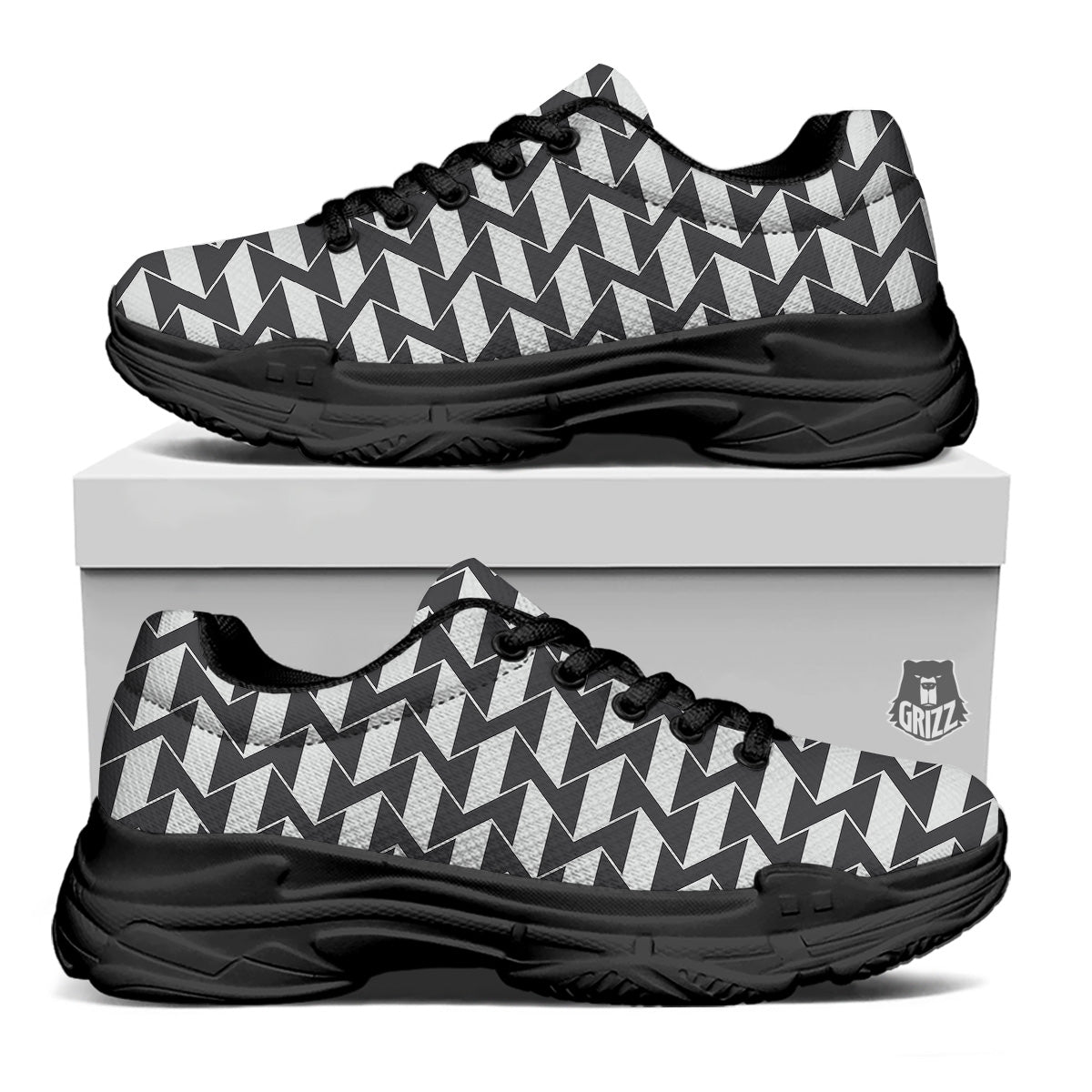 Abstract Heometric Zigzag Print Pattern Black Chunky Shoes-grizzshop