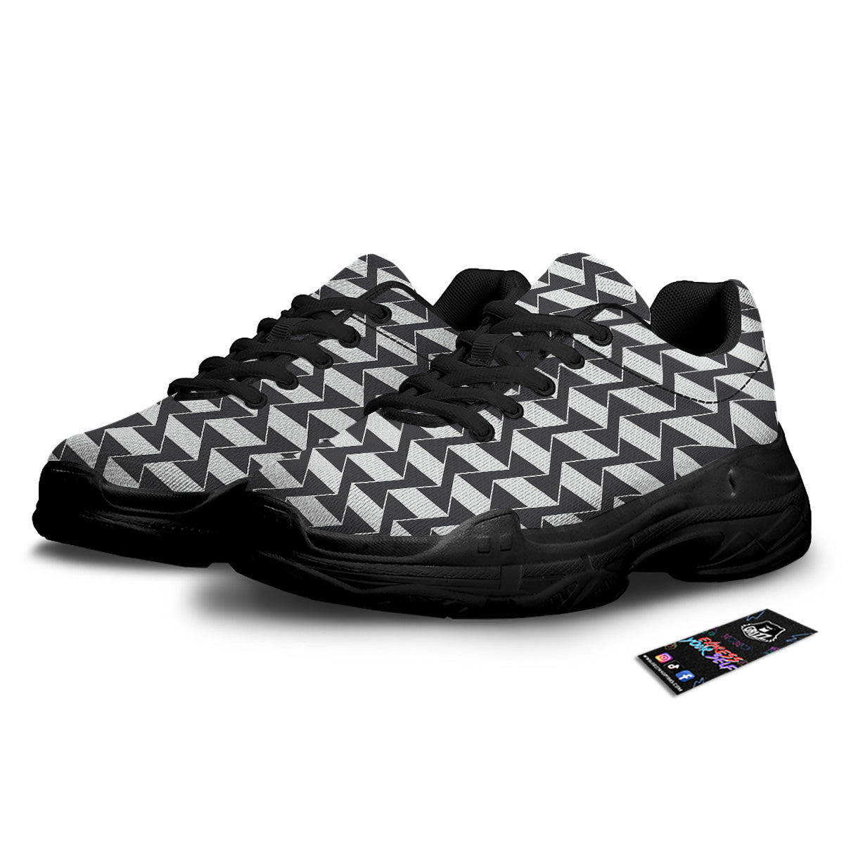 Abstract Heometric Zigzag Print Pattern Black Chunky Shoes-grizzshop