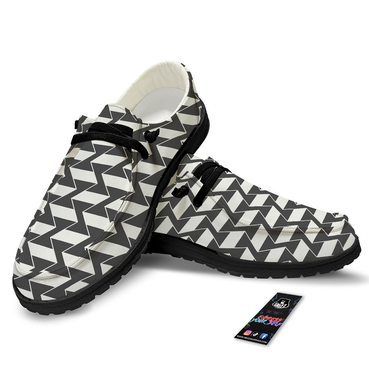 Abstract Heometric Zigzag Print Pattern Black Loafers-grizzshop
