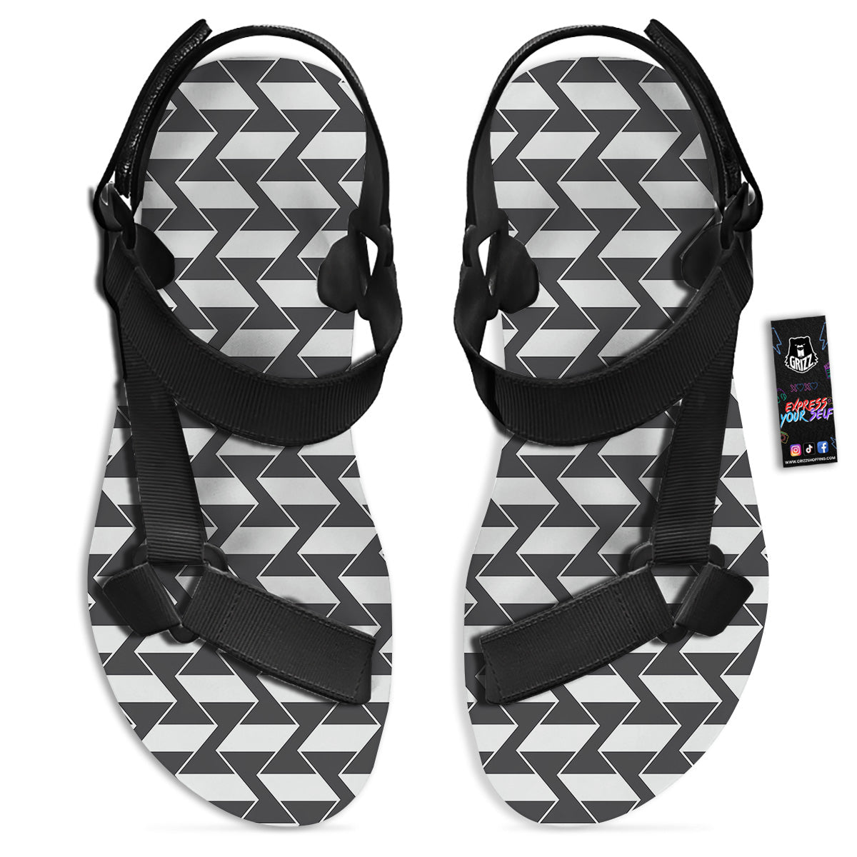 Abstract Heometric Zigzag Print Pattern Black Open Toe Sandals-grizzshop