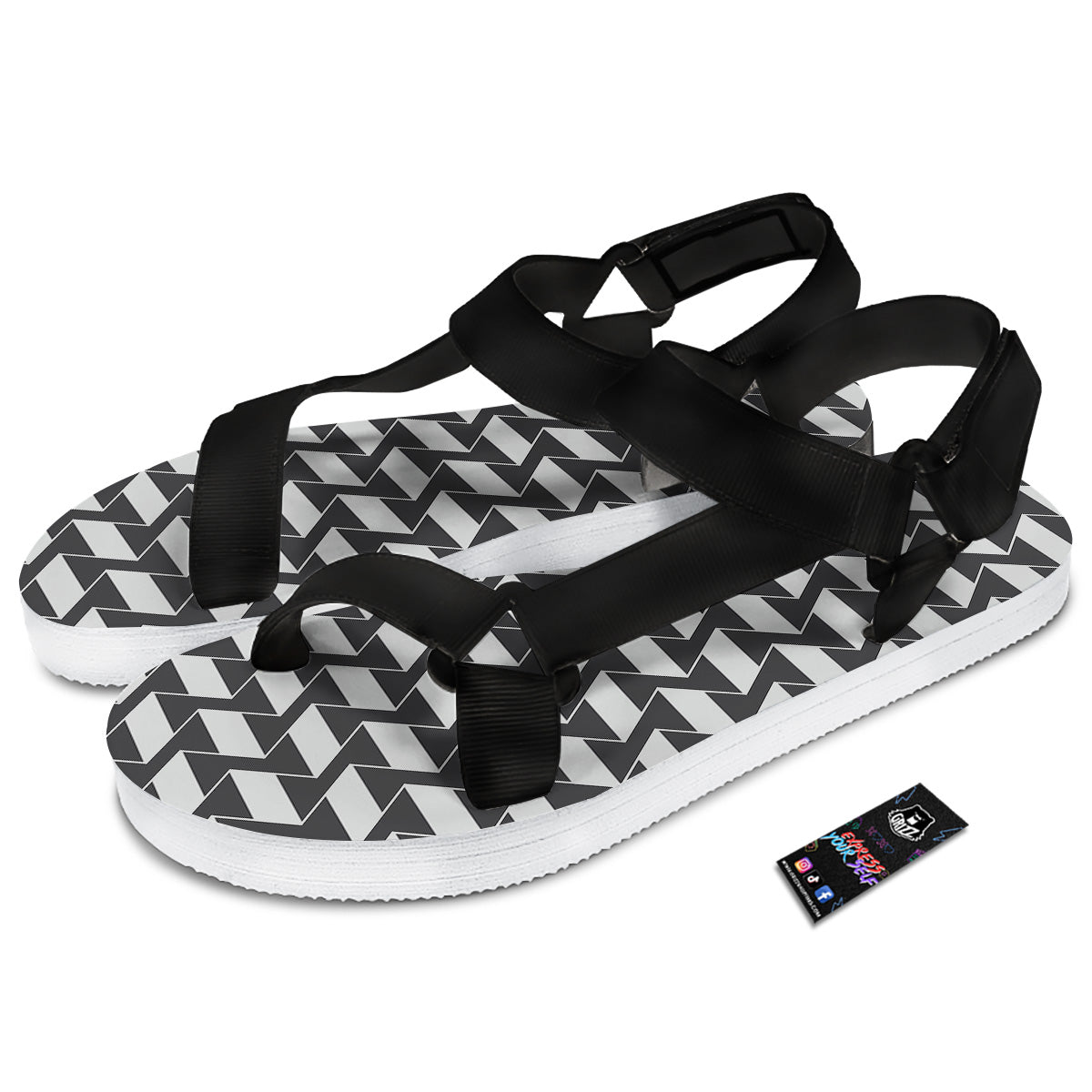 Abstract Heometric Zigzag Print Pattern Black Open Toe Sandals-grizzshop