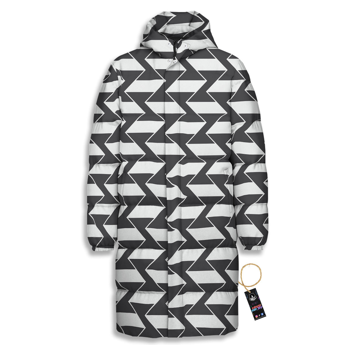 Abstract Heometric Zigzag Print Pattern Long Down Jacket-grizzshop