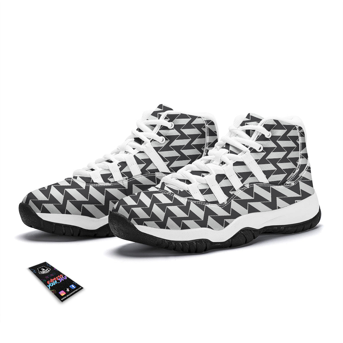 Abstract Heometric Zigzag Print Pattern White Bball Shoes-grizzshop