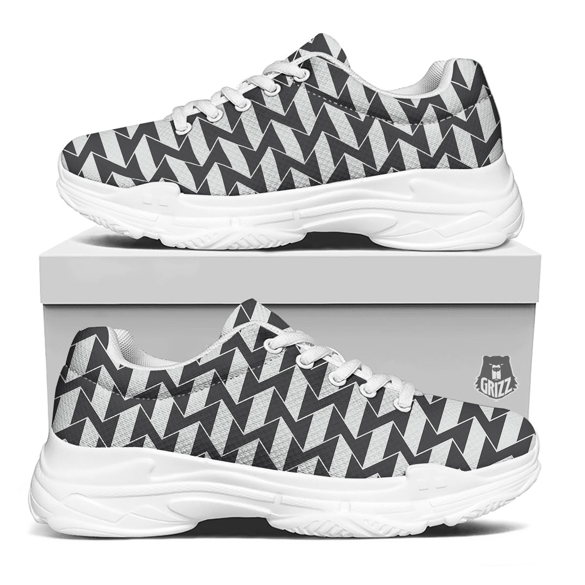 Abstract Heometric Zigzag Print Pattern White Chunky Shoes-grizzshop
