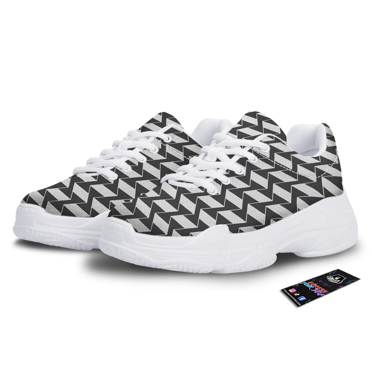 Abstract Heometric Zigzag Print Pattern White Chunky Shoes-grizzshop