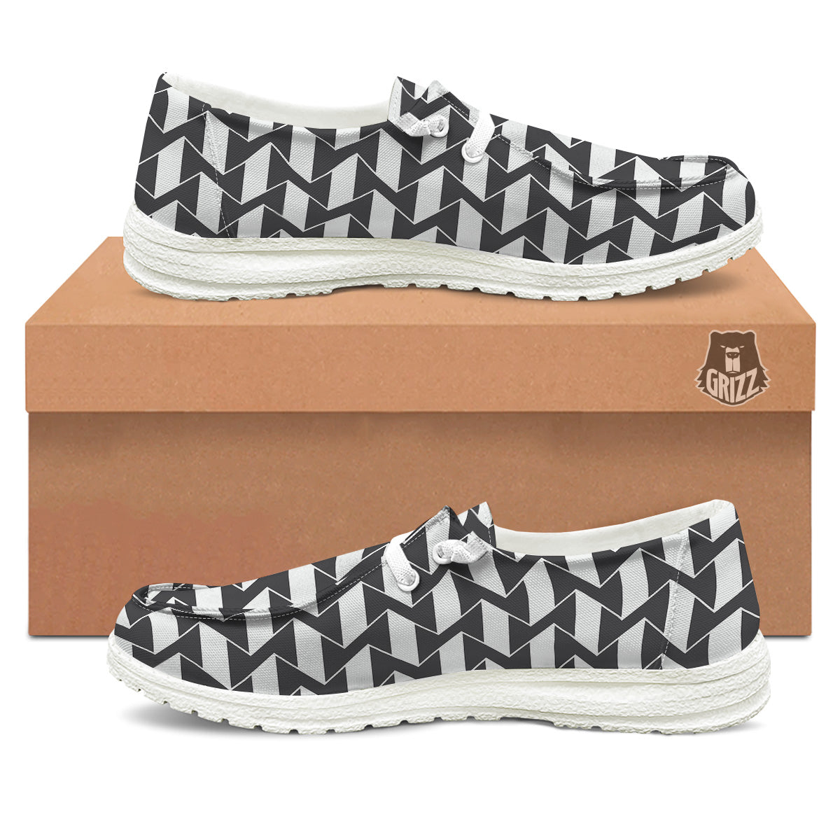 Abstract Heometric Zigzag Print Pattern White Loafers-grizzshop