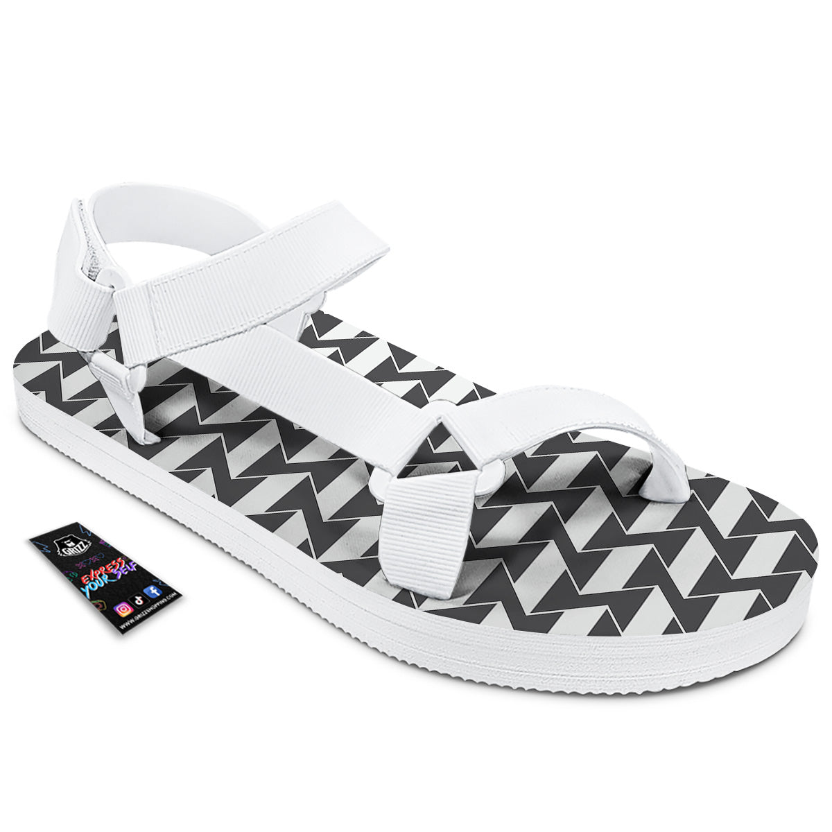 Abstract Heometric Zigzag Print Pattern White Open Toe Sandals-grizzshop