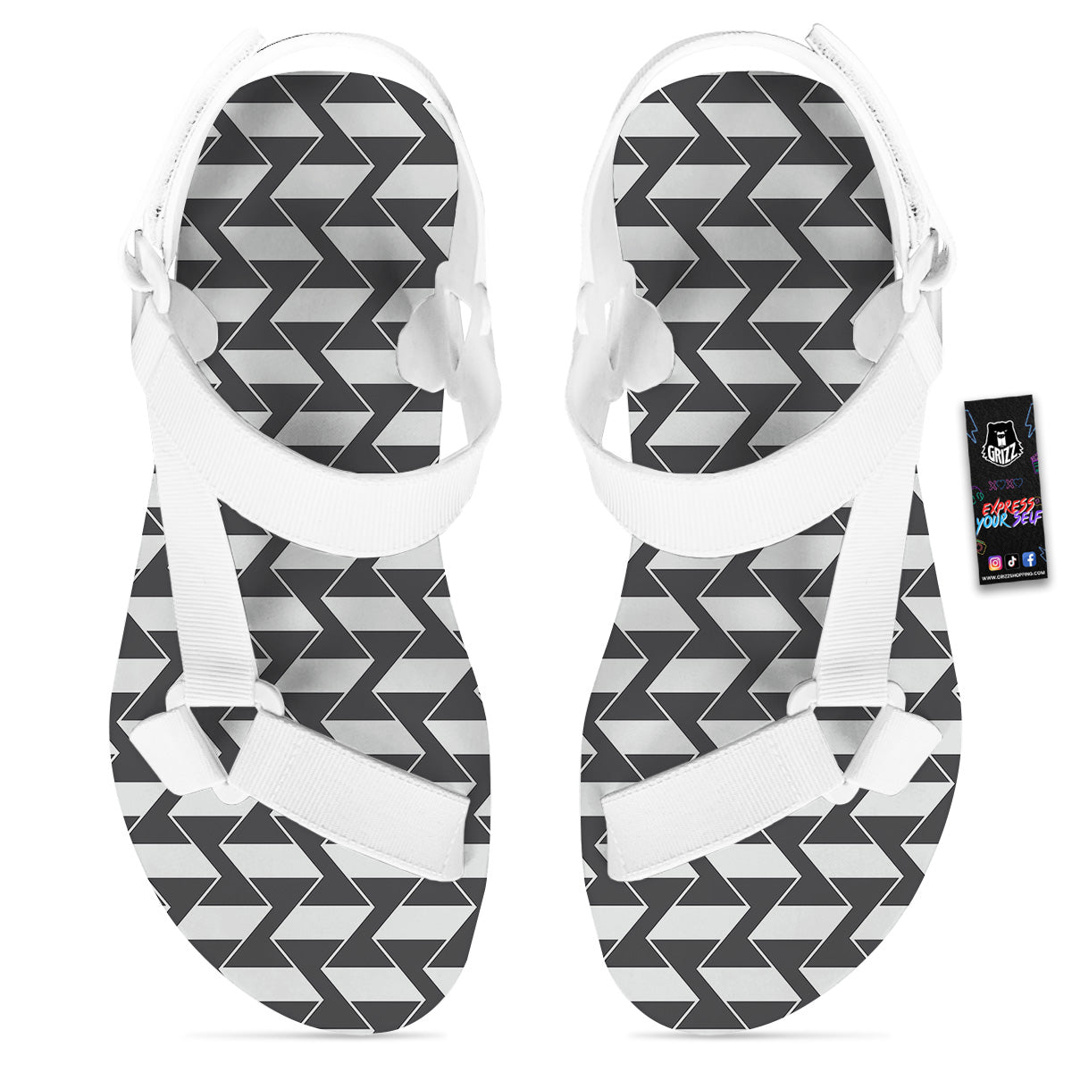 Abstract Heometric Zigzag Print Pattern White Open Toe Sandals-grizzshop