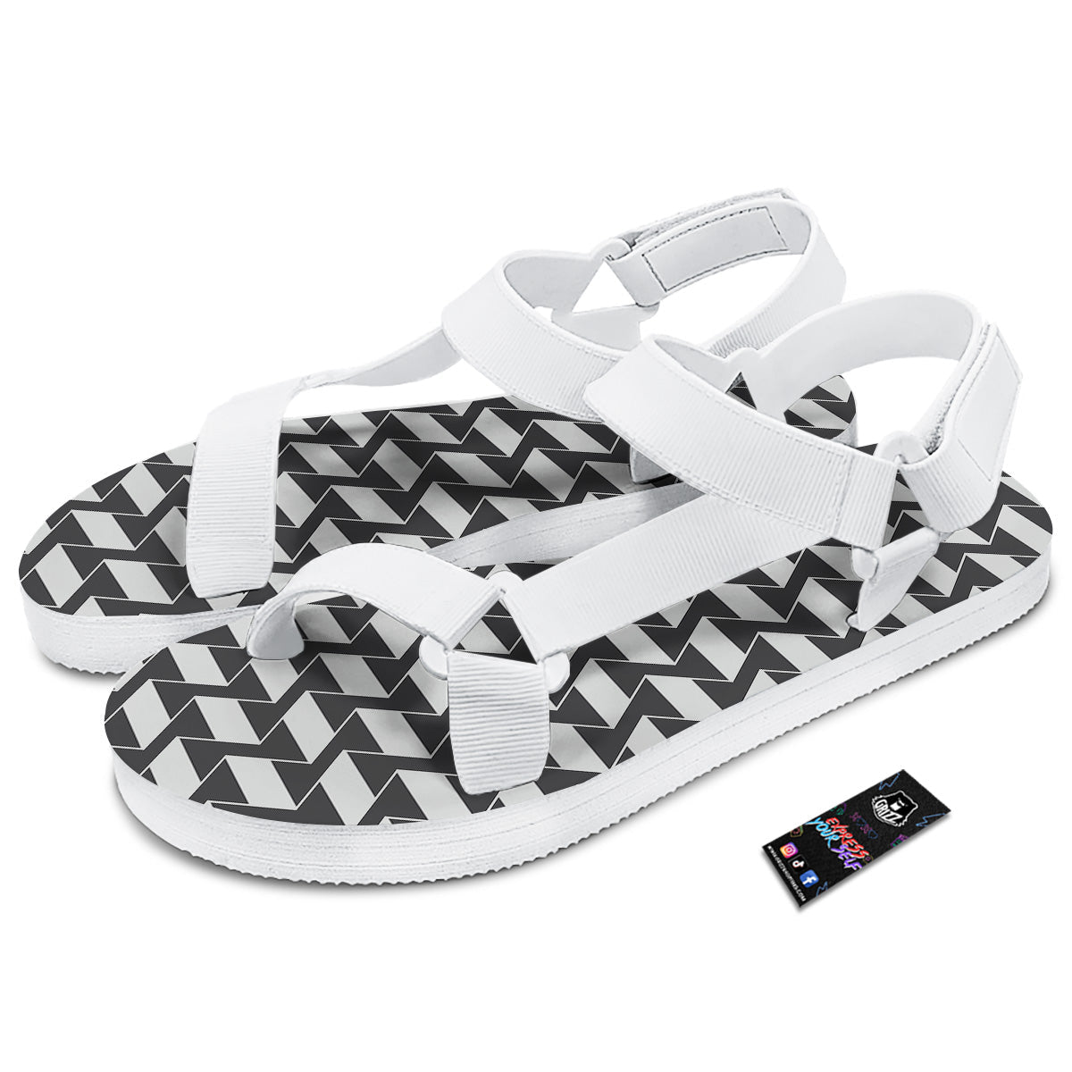 Abstract Heometric Zigzag Print Pattern White Open Toe Sandals-grizzshop