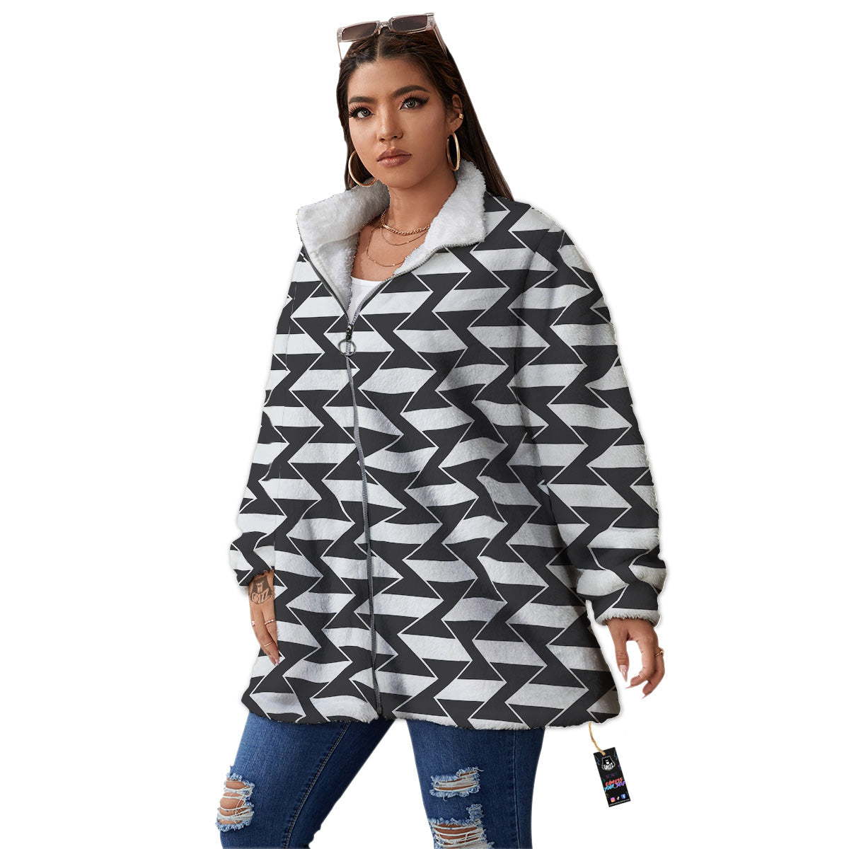 Abstract Heometric Zigzag Print Pattern Women's Sherpa Jacket-grizzshop